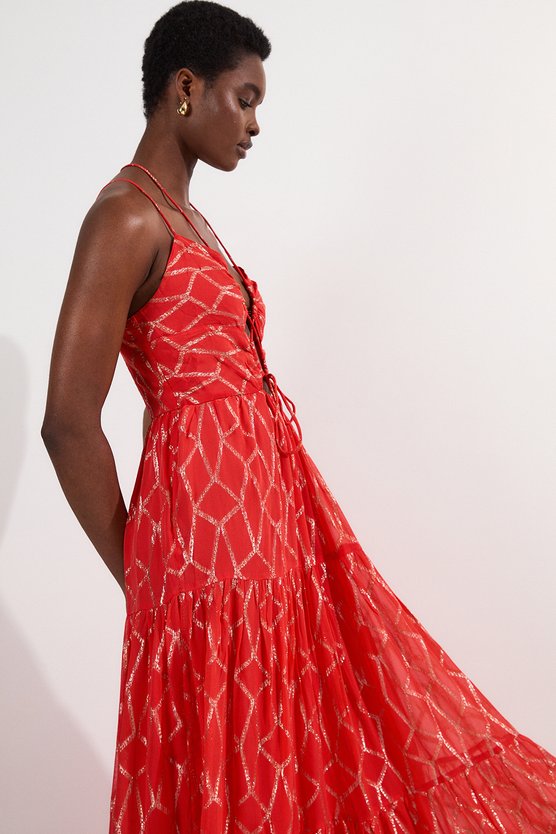 Karen Millen Viscose Sparkle Tie Detail Tiered Skirt Woven Maxi Dress Orange