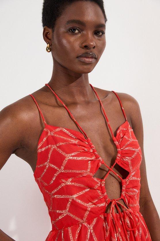 Karen Millen Viscose Sparkle Tie Detail Tiered Skirt Woven Maxi Dress Orange