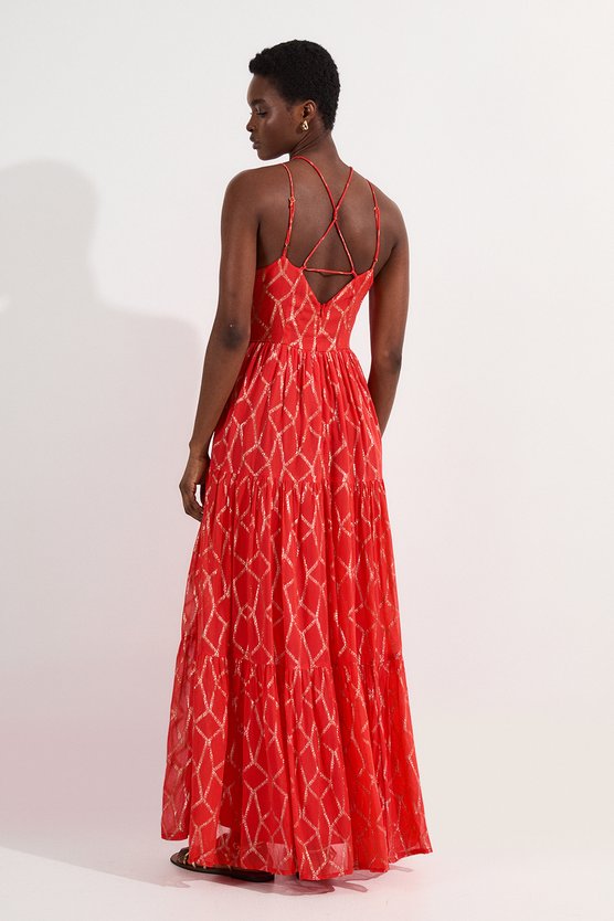 Karen Millen Viscose Sparkle Tie Detail Tiered Skirt Woven Maxi Dress Orange