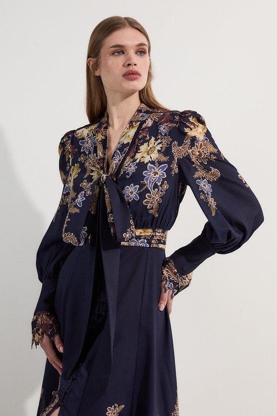 Karen Millen Voile Floral Border Print Woven Maxi Dress With Ladder Lace Trim Navy