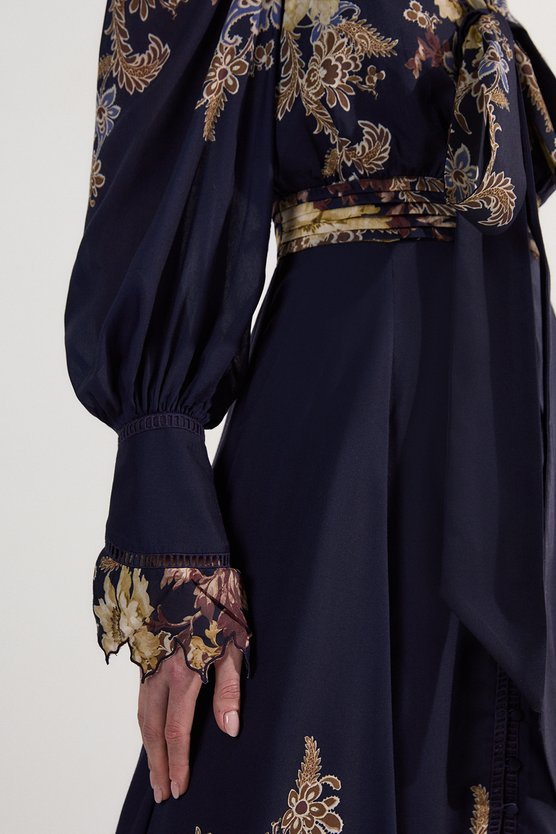 Karen Millen Voile Floral Border Print Woven Maxi Dress With Ladder Lace Trim Navy