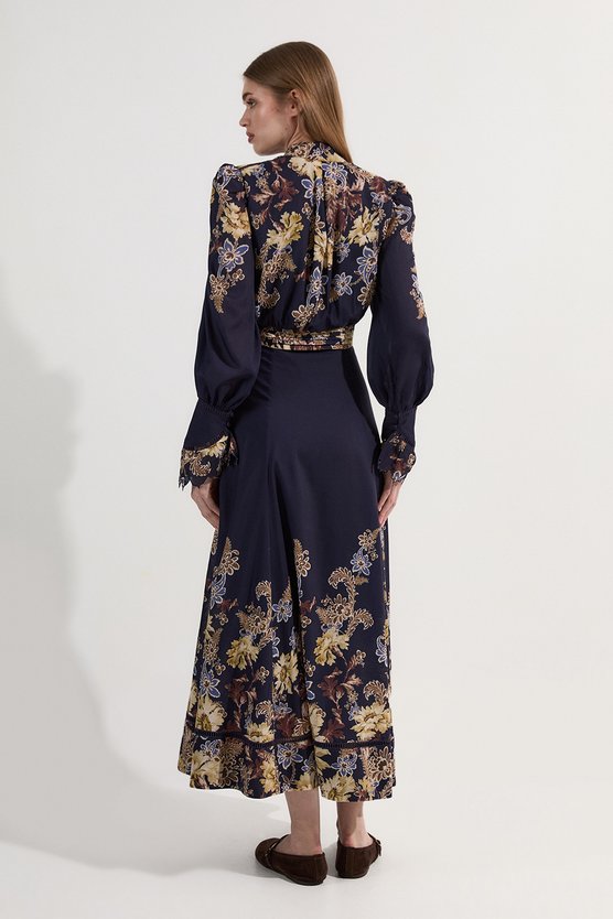 Karen Millen Voile Floral Border Print Woven Maxi Dress With Ladder Lace Trim Navy