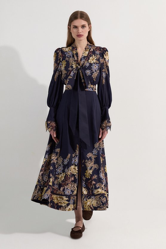 karen millen Voile Floral Border Print Woven Maxi Dress With Ladder Lace Trim navy