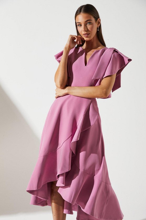 Karen Millen Waterfall Ruffle Wrap Dress Dusty Pink