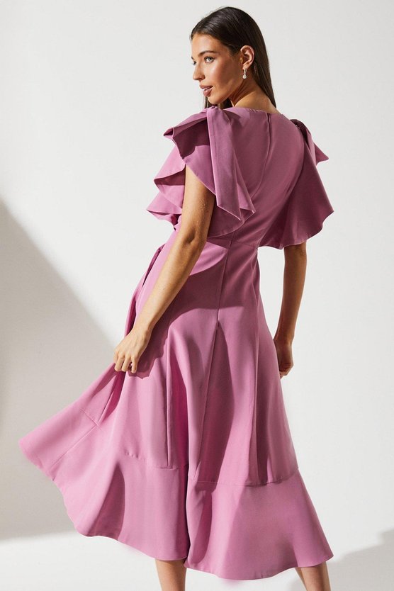 Karen Millen Waterfall Ruffle Wrap Dress Dusty Pink