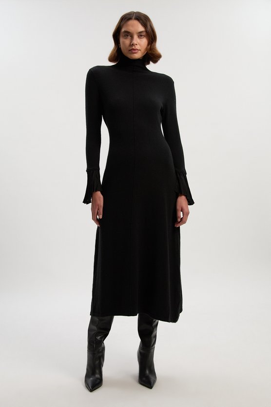 Karen Millen Wool And Alpaca Blend Knit Pleated Silk Woven Cuffs Midi Dress Black