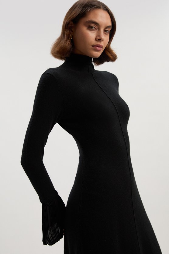 karen millen Wool And Alpaca Blend Knit Pleated Silk Woven Cuffs Midi Dress black