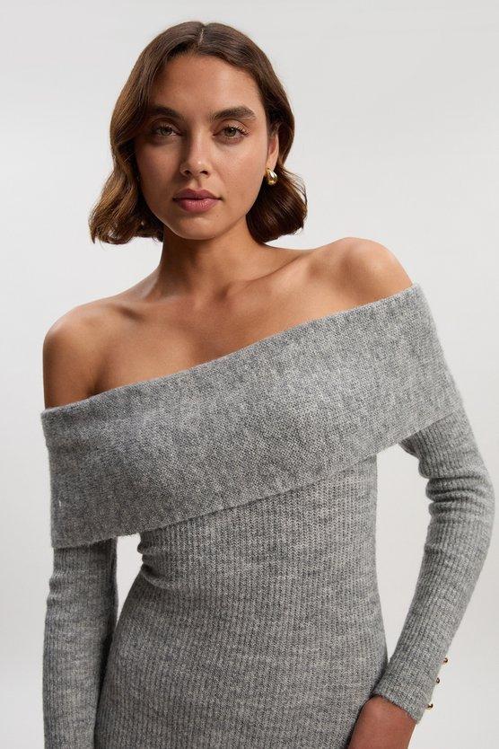 Karen Millen Wool Blend Cosy Bardot Knit Midi Dress Grey