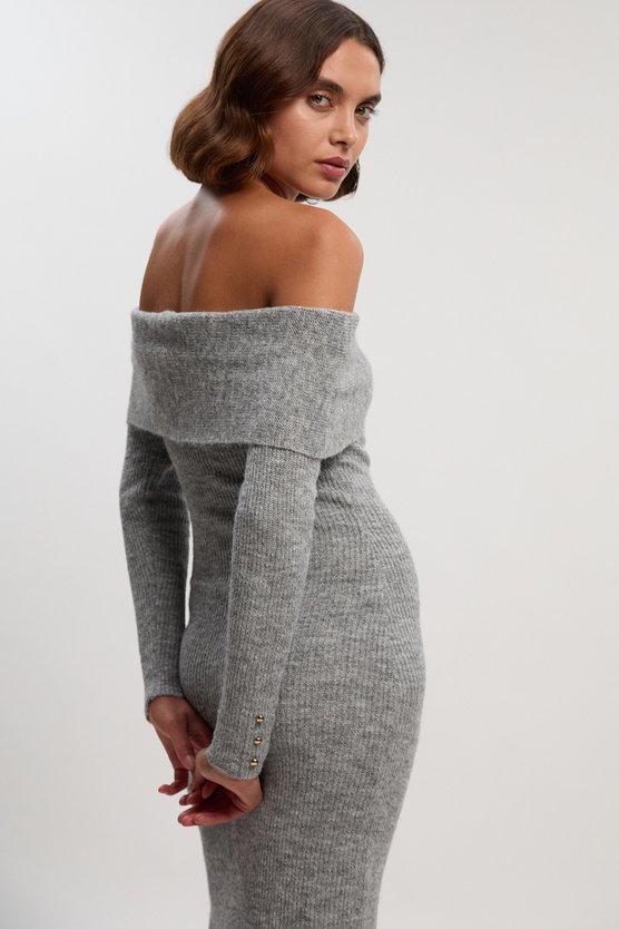 Karen Millen Wool Blend Cosy Bardot Knit Midi Dress Grey