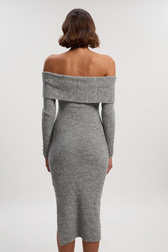 Karen Millen Wool Blend Cosy Bardot Knit Midi Dress Grey