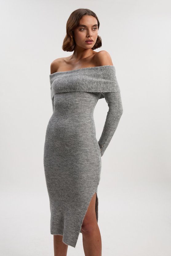 karen millen Wool Blend Cosy Bardot Knit Midi Dress grey karen millen Wool Blend Cosy Bardot Knit Midi Dress grey