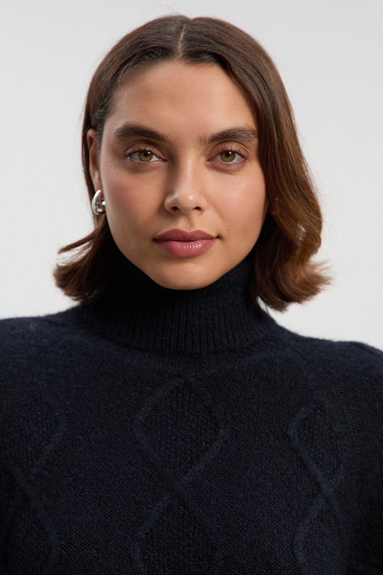 Karen Millen Wool Blend Cosy Cable Stitch Roll Neck Jumper Mini Dress Navy