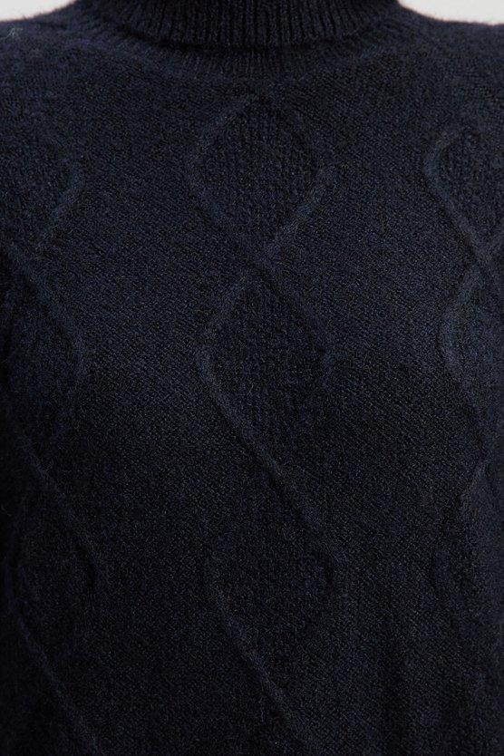 Karen Millen Wool Blend Cosy Cable Stitch Roll Neck Jumper Mini Dress Navy