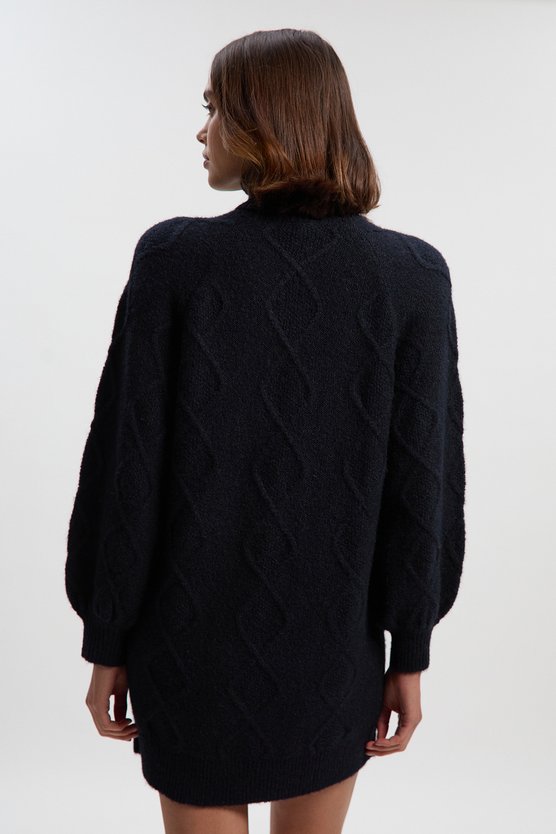 Karen Millen Wool Blend Cosy Cable Stitch Roll Neck Jumper Mini Dress Navy