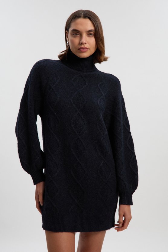 karen millen Wool Blend Cosy Cable Stitch Roll Neck Jumper Mini Dress navy