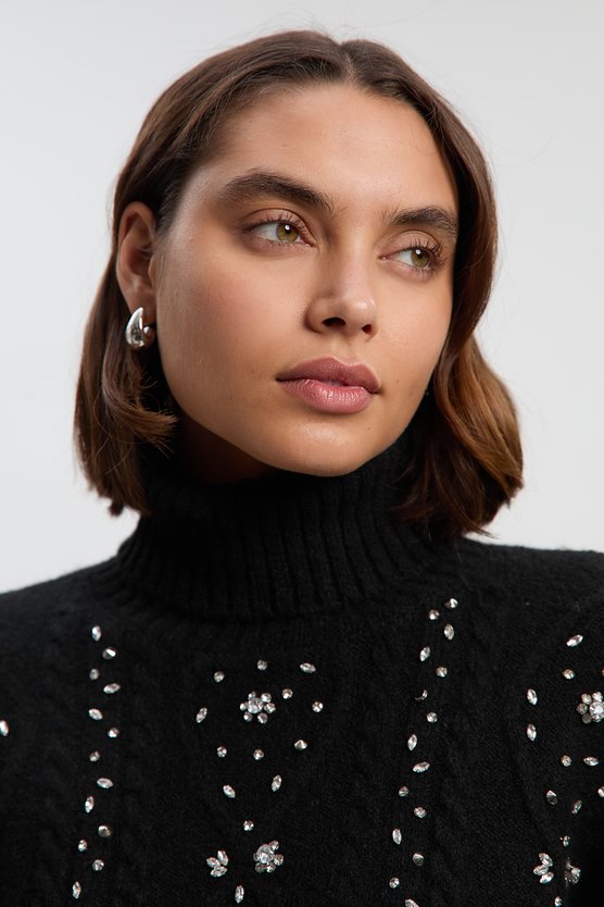 Karen Millen Wool Blend Embellished Cable Knit Jumper Mini Dress Black