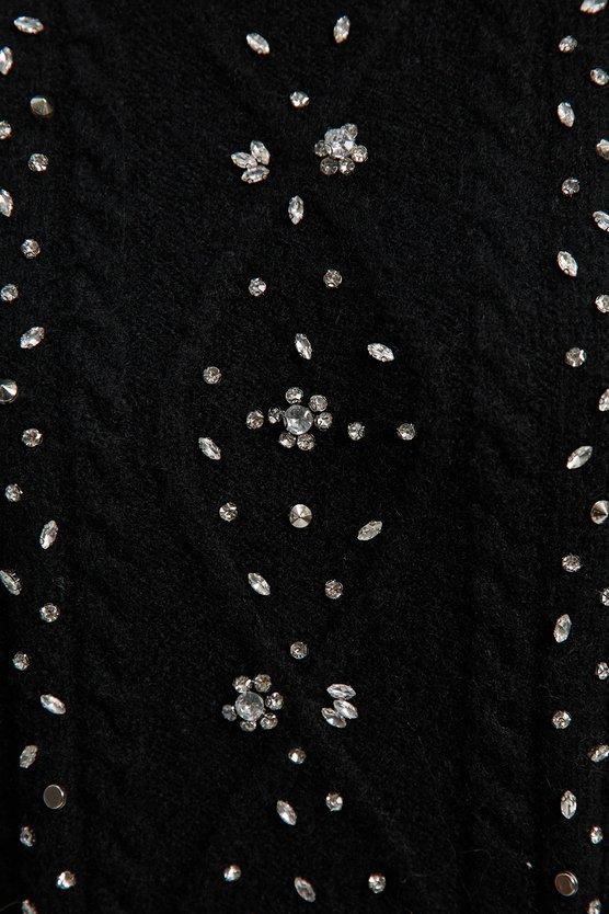 Karen Millen Wool Blend Embellished Cable Knit Jumper Mini Dress Black