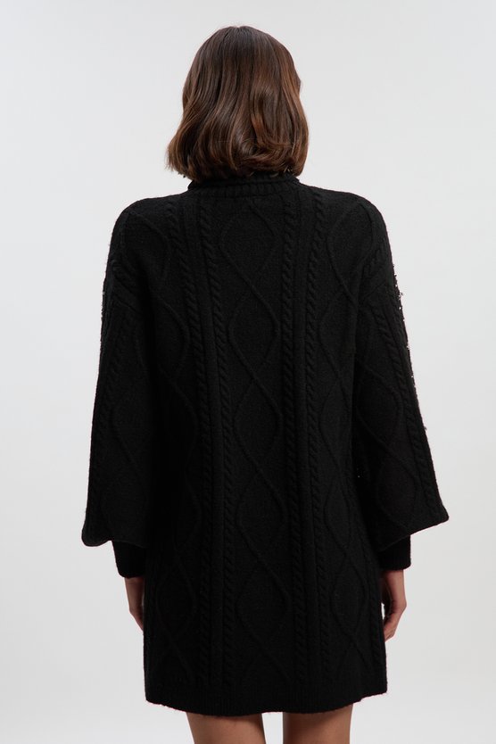 Karen Millen Wool Blend Embellished Cable Knit Jumper Mini Dress Black