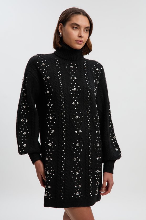 karen millen Wool Blend Embellished Cable Knit Jumper Mini Dress black