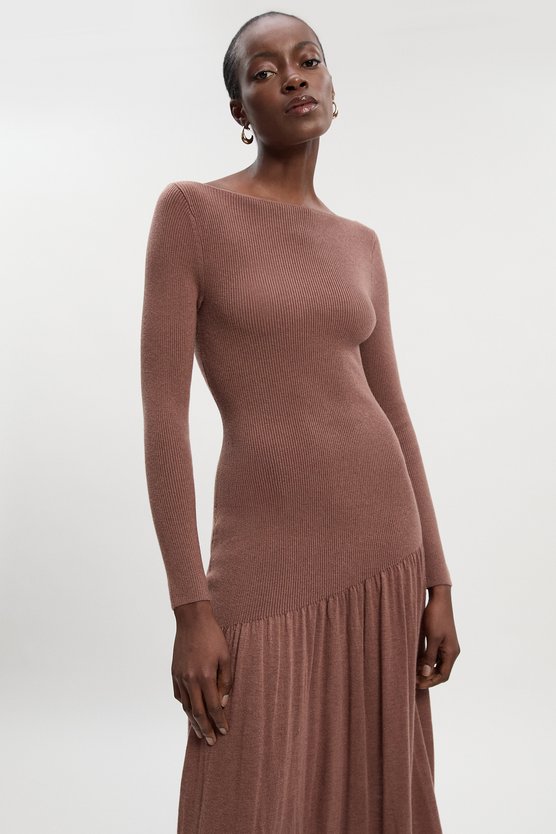 Karen Millen Wool Blend Sheer Knitted Skirt Dress Taupe