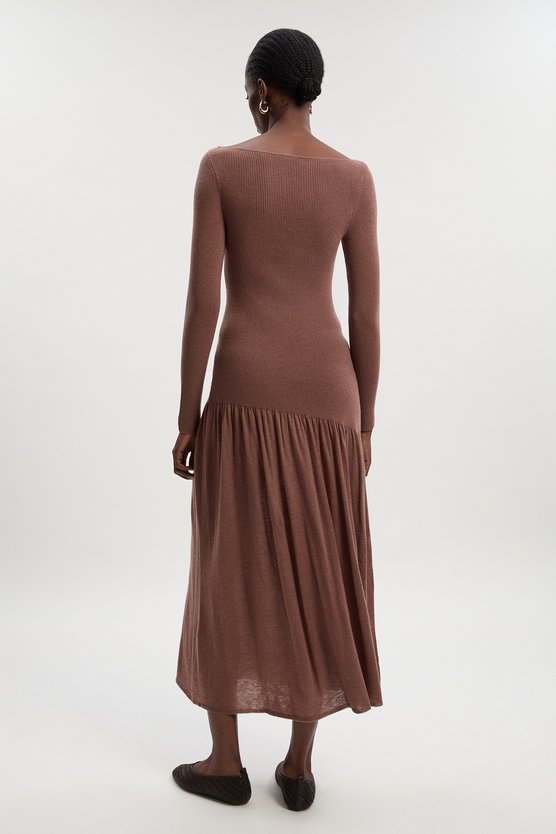 Karen Millen Wool Blend Sheer Knitted Skirt Dress Taupe