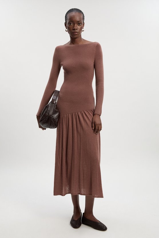 karen millen Wool Blend Sheer Knitted Skirt Dress taupe karen millen Wool Blend Sheer Knitted Skirt Dress taupe