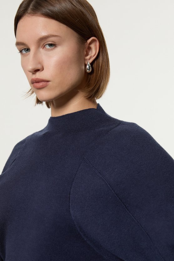 Karen Millen Wool Look Rounded Sleeve Knit Midi Dress Navy