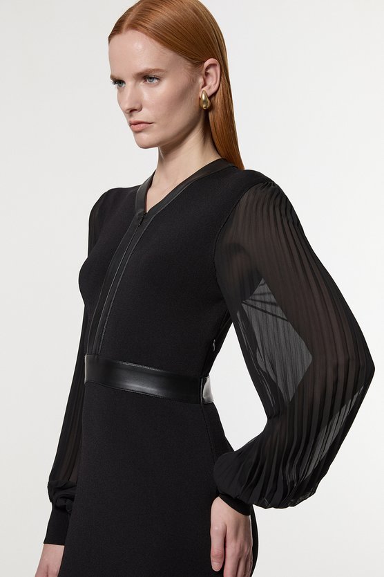 Karen Millen Woven Sleeved Pleated Dress With Pu Black