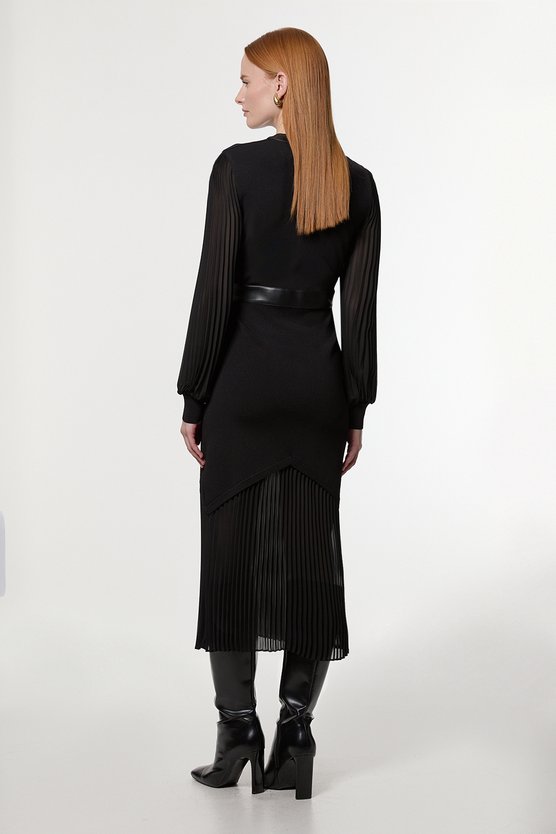 Karen Millen Woven Sleeved Pleated Dress With Pu Black