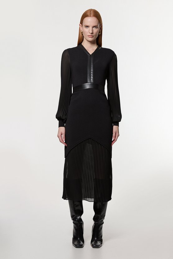 karen millen Woven Sleeved Pleated Dress With Pu black