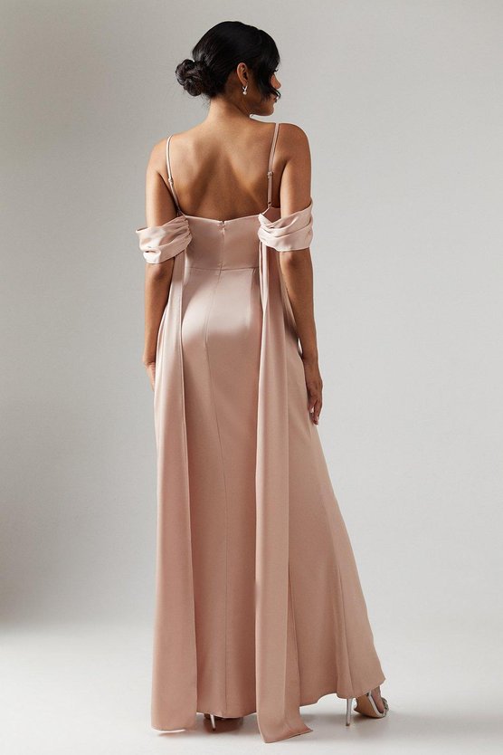 Karen Millen Wrap Bodice Draped Sleeve Satin Maxi Bridesmaid Dress Mocha