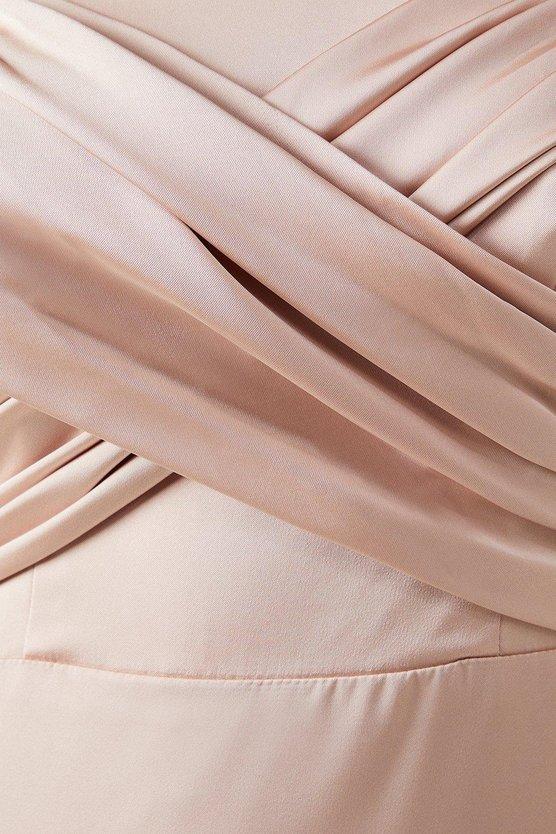 Karen Millen Wrap Bodice Draped Sleeve Satin Maxi Bridesmaid Dress Mocha