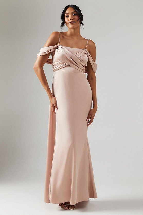 karen millen Wrap Bodice Draped Sleeve Satin Maxi Bridesmaid Dress mocha