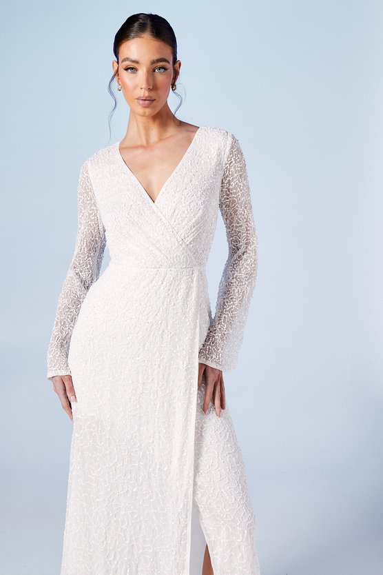 Karen Millen Wrap Bodice Long Sleeve Sequin Wedding Dress Ivory