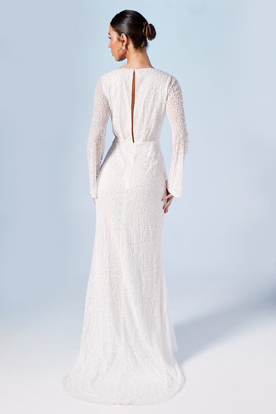 Karen Millen Wrap Bodice Long Sleeve Sequin Wedding Dress Ivory