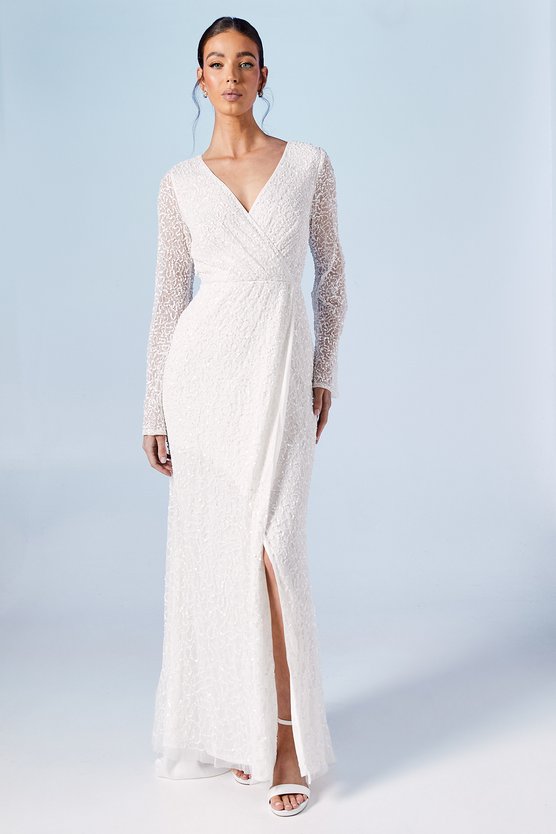 karen millen Wrap Bodice Long Sleeve Sequin Wedding Dress ivory