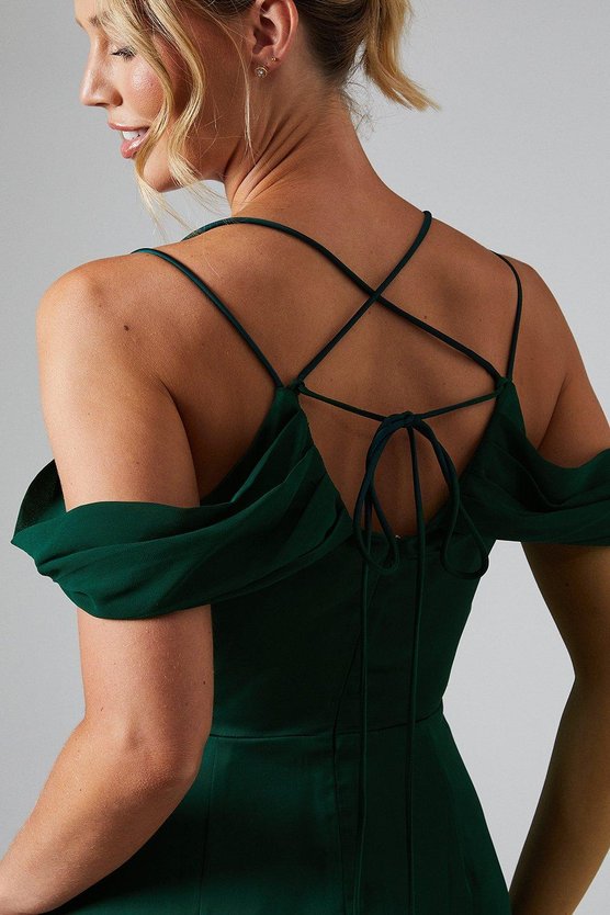 Karen Millen Wrap Cold Shoulder Strappy Satin Bridesmaid Dress Emerald