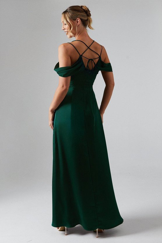 Karen Millen Wrap Cold Shoulder Strappy Satin Bridesmaid Dress Emerald
