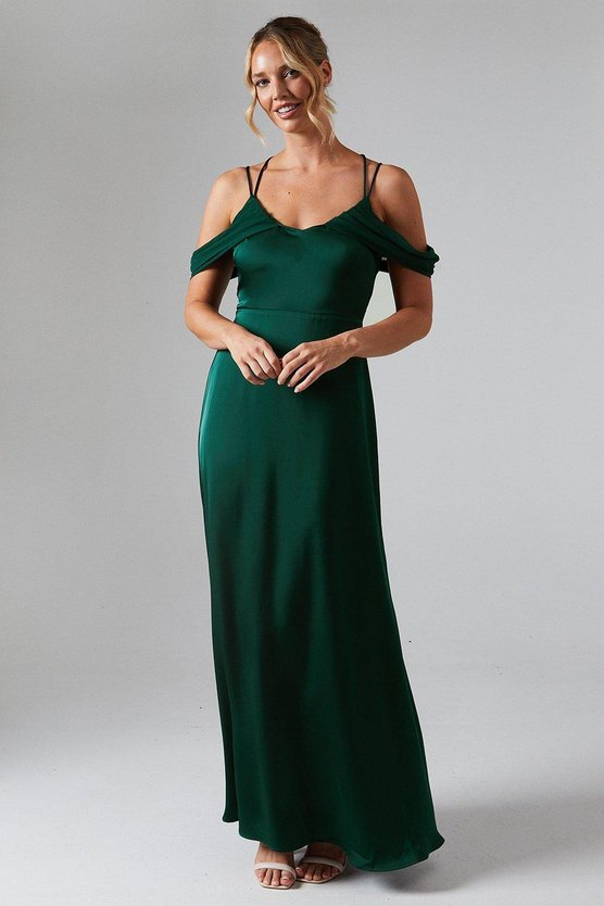karen millen Wrap Cold Shoulder Strappy Satin Bridesmaid Dress emerald