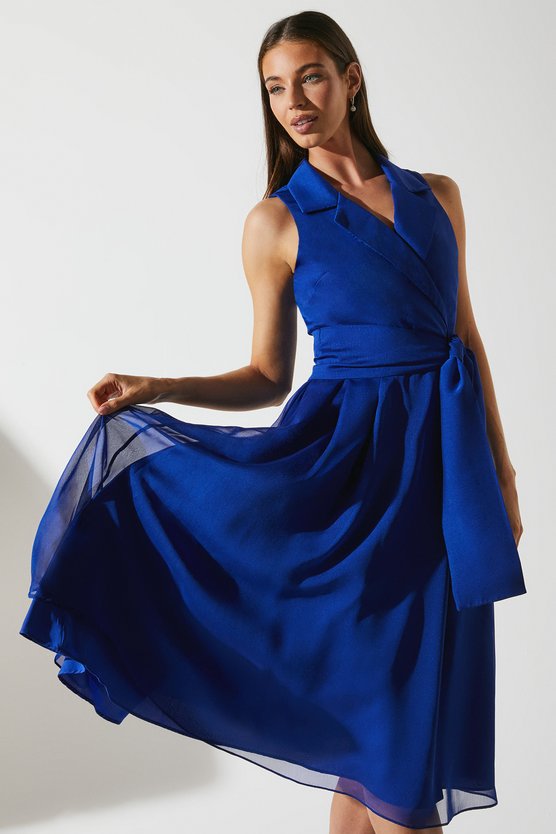 Karen Millen Wrap Front Dress In Chiffon With Collar Navy
