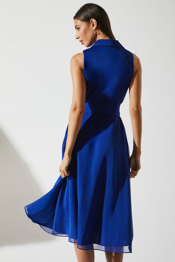 Karen Millen Wrap Front Dress In Chiffon With Collar Navy