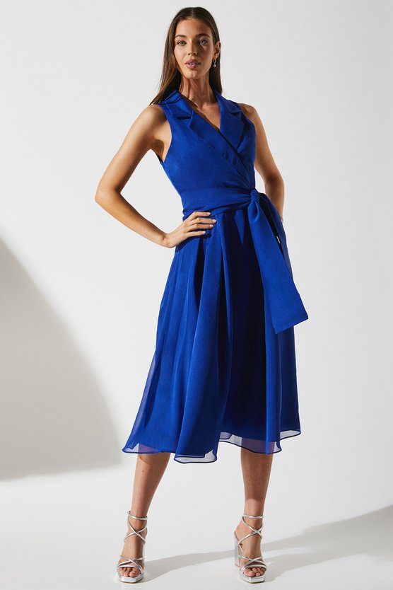 karen millen Wrap Front Dress In Chiffon With Collar navy