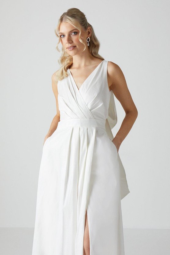 Karen Millen Wrap Front Full Skirted Wedding Dress With Taffeta Bow Ivory