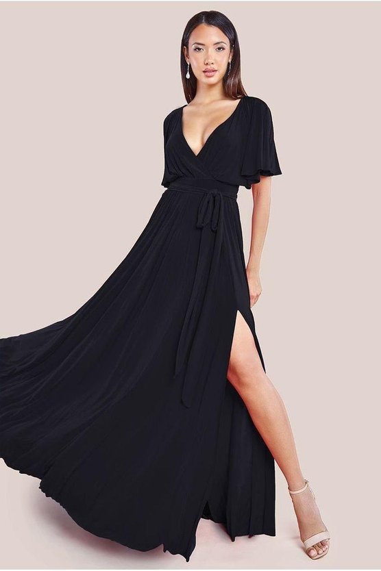 karen millen Wrap Front Maxi With Flutter Sleeves Black