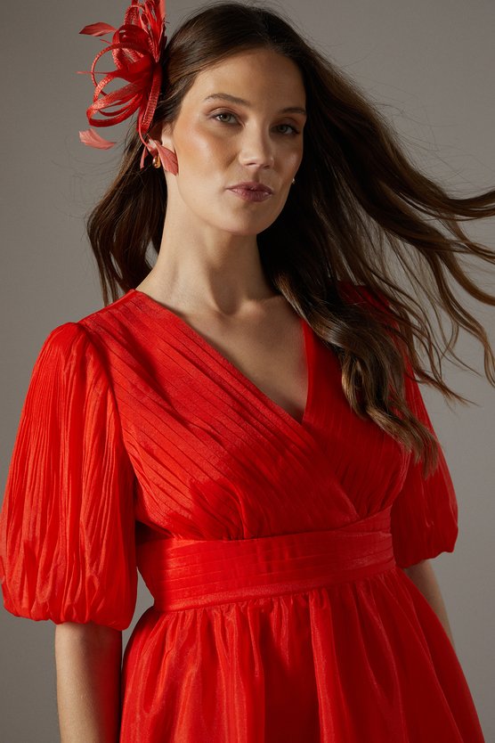 Karen Millen Wrap Front Organza Pleated Sleeve Dress Orange