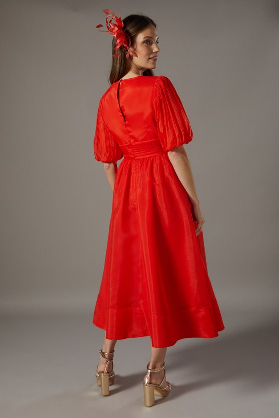 Karen Millen Wrap Front Organza Pleated Sleeve Dress Orange