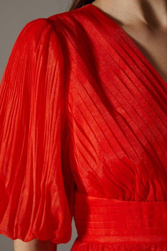Karen Millen Wrap Front Organza Pleated Sleeve Dress Orange