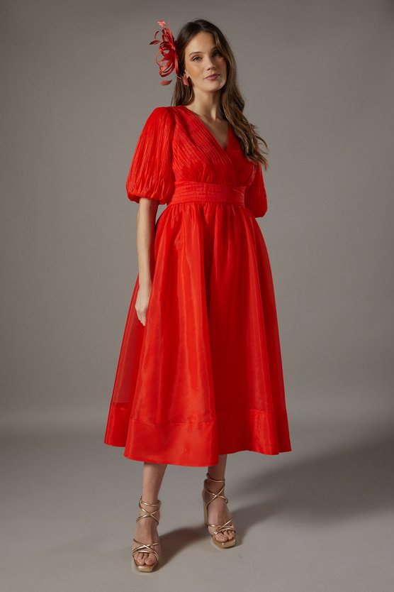 karen millen Wrap Front Organza Pleated Sleeve Dress orange