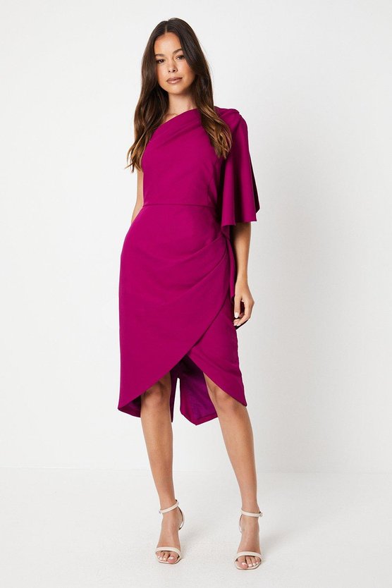 Karen Millen Wrap Skirt Waterfall Ruffle Midi Wedding Guest Dress Magenta