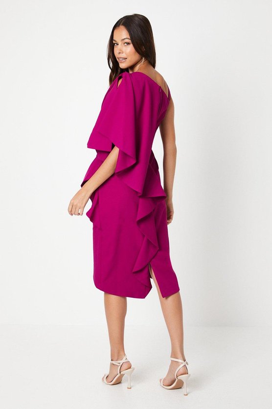 Karen Millen Wrap Skirt Waterfall Ruffle Midi Wedding Guest Dress Magenta